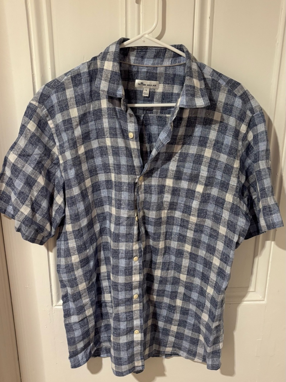 Peter Millar Blue & White Plaid Short Sleeve Button-Up Shirt